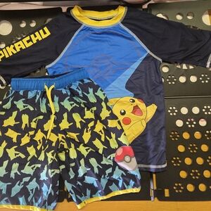 Pokemon Pikachu Kids Swim Trunks and Rash Guard Set - Blue & Yellow Used Size 8
